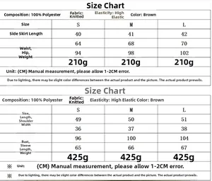 Detailed size chart for the brown knit set showing measurements for top and skirt