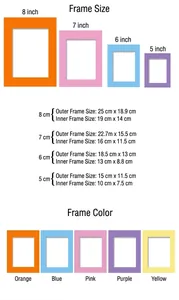 Colorful paper photo frames in 5/6/7/8 inch sizes with detailed dimensions chart