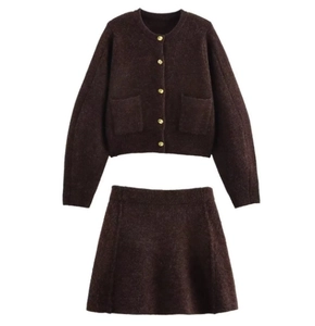 Detail of deep brown knit set showing metal buttons and textured fabric texture