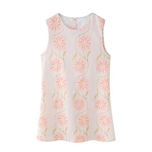 Robe sans manches rose pour femme avec imprimé floral, motifs de vignes dorées et col rond