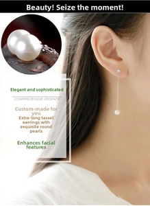 Detail view of long silver tassel earrings featuring white round pearls and fine metal chains