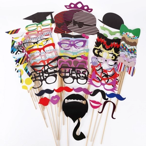 Detailed set of 16 black and gold glitter party photo props with glasses and lips
