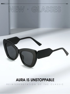 Detail view of bold black cat-eye sunglasses with wide geometric temples and dark lenses