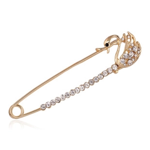 Detailed view of swan brooch featuring gold-plated alloy and sparkling crystal inlay