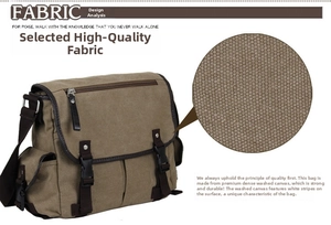 Macro detail of high-density washed canvas fabric on khaki messenger bag for men
