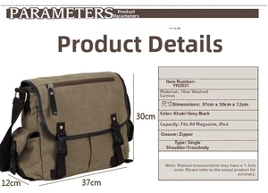 Canvas messenger bag dimensions 37x30x12cm showing large capacity for A4 and iPad