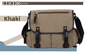 Detailed view of khaki canvas messenger bag with double buckle closure and front pocket