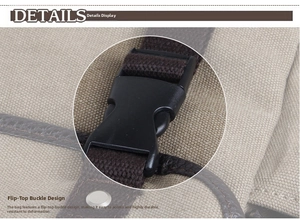 Detail view of khaki canvas messenger bag featuring a secure flap buckle and leather trim