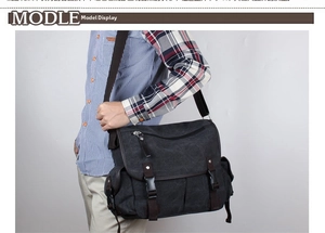 Canvas messenger bag for men shown from the side to demonstrate size and fit
