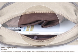Detail view of the spacious canvas bag interior with zippered pocket and inner lining