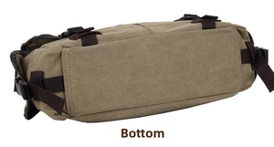 Detail view of khaki canvas messenger bag bottom with reinforced stitching and buckles