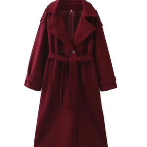 Women's wine red wool blend long coat with notch lapels and belted waist closure