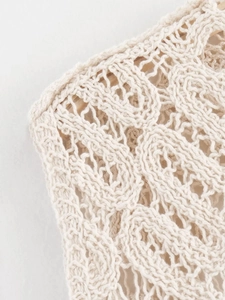 Detailed macro view of the intricate hollow crochet pattern on beige knit fabric