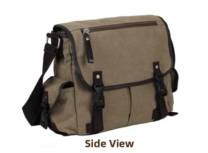 Side view of brown canvas messenger bag showing adjustable strap and snap pocket