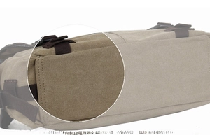 Detail of canvas messenger bag base with brown strap and reinforced stitching details