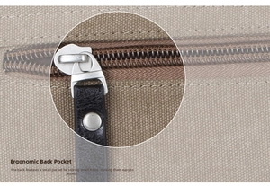 Close-up of canvas messenger bag showing the functional rear pocket with metal zipper