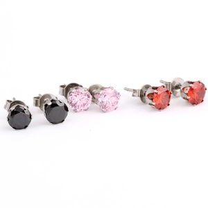 Close-up of 6mm stainless steel stud earrings set with black pink and red cubic zirconia