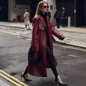 Femme Long Trench-Coat En Cuir PU Similicuir Col Tailleur Avec Ceinture Décontracté Ample Automne Hiver Streetwear Manteau
