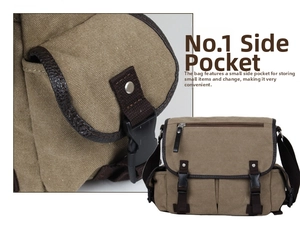 Close-up of the functional side pocket on khaki canvas messenger bag for small items