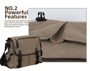 Close-up of canvas messenger bag details showing dual front pockets and buckle closure