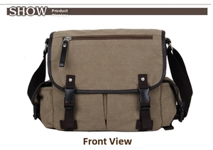 Detailed front view of khaki canvas messenger bag with adjustable strap and buckles