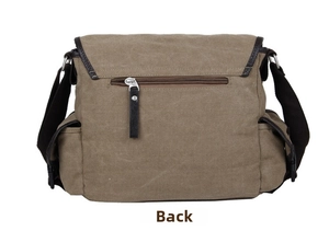 Rear view of khaki canvas messenger bag showing back zipper pocket and reinforced stitching