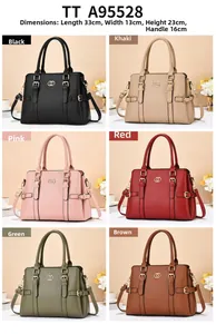 Leather tote bag dimension chart showing 33x13x23cm size and six available colors
