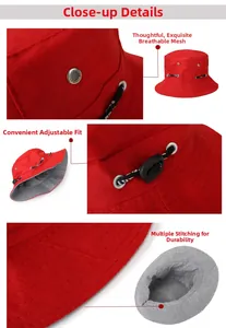 Detail of red canvas bucket hat with metal eyelets, adjustable cord and reinforced stitching