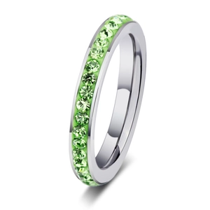 Polished stainless steel eternity ring with light green round gemstones in channel setting