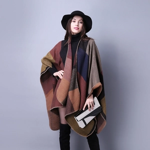 Elegant plaid shawl cape for women featuring contrast geometric patterns and split hem