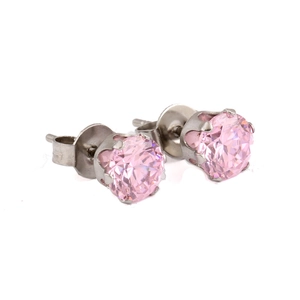 6mm stainless steel stud earrings with round pink cubic zirconia in a minimalist style