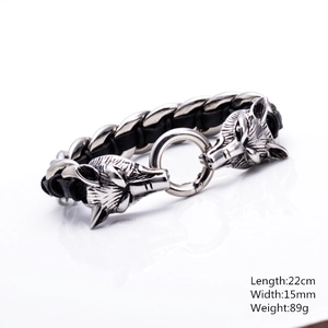 Detail view of 316L titanium steel wolf heads bracelet with 22cm length and 15mm width