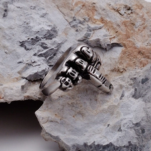 Detailed macro shot of a vintage silver stainless steel middle finger ring on rock