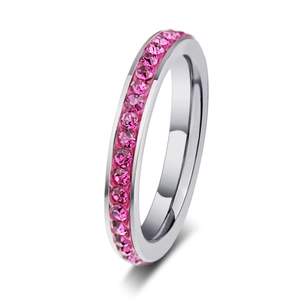 Polished stainless steel eternity ring with pink round cut stones at a 45-degree angle