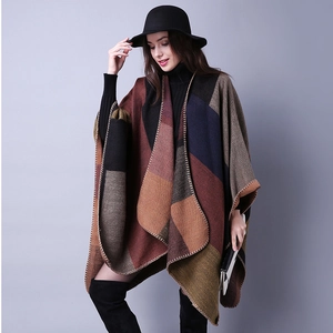 Plaid patchwork poncho shawl for women with irregular hem and autumn color blocking