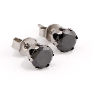 6mm minimalist stainless steel stud earrings with black round cubic zirconia in 4-prong setting