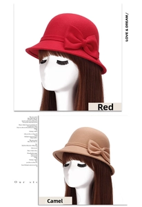 Close-up of double-layered bow on wool cloche hats in red and camel color options
