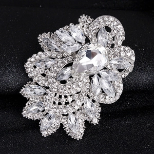 Luxury oversized silver flower brooch with pear-cut crystal and sparkling rhinestones