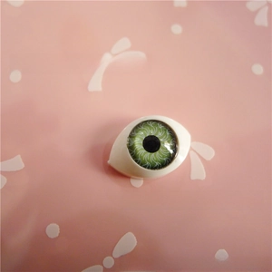 Macro shot of 12x16mm green acrylic doll eyes with fine radial iris textures