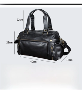 Detailed size chart for black PU leather travel bag showing dimensions 40x25x12cm