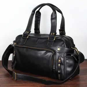 Black PU leather Boston style travel bag with adjustable strap and vintage rivets