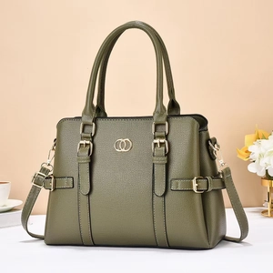 Olive green pebbled leather tote bag with gold ring hardware and dual handles