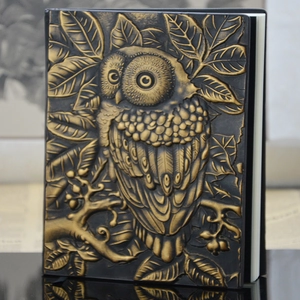 Vintage 3D owl embossed notebook with bronze metallic finish and leather hardcover