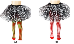 Detailed view of Halloween tutu skirts and striped tights in red, green and white patterns