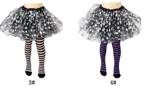 Detail of kids Halloween sets showing black tutu skirts and striped tights in pink and purple