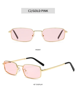 Detailed front and 45-degree angle view of gold metal rectangular sunglasses with pink lenses