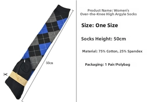 Detail showing 50cm argyle over-knee socks in black and blue cotton blend material