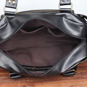 Large capacity black PU leather men's handbag with multiple internal pockets and bronze buckles