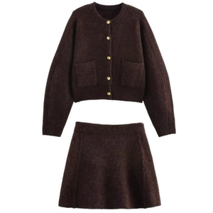 Brown knit 2-piece set with long-sleeved gold button cardigan and matching A-line skirt