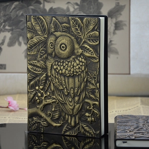 European vintage bronze owl relief notebook with embossed leather texture cover